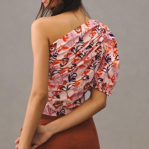 NWT Anthropologie Maeve One Shoulder Pink Floral Blouse Large - Picture 2 of 3